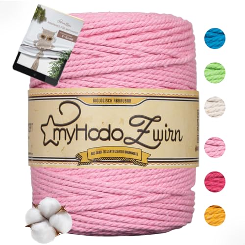 myHodo Premium Makramee Garn Pink, OEKO-TEX Zertifizierte Baumwolle, 100% Plastikfreie Verpackung, Weich & Strapazierfähig, Inkl. Gratis E-Book, Ideal für Wanddeko und DIY Accessoires (3mm x 100m) von myHodo