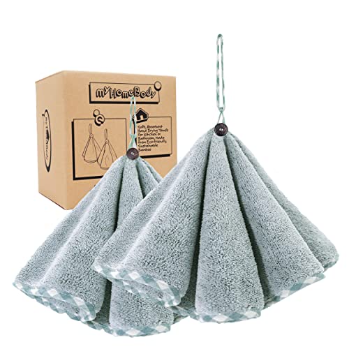 myHomeBody Handtücher für Badezimmer, Küchenhandtücher mit Aufhängeschlaufe | Weiche, saugfähige Kohlefaser-Rundhandtücher mit Kokosnussschalenknopf zum Aufhängen | Set of 2 Pine Green Towels von myHomeBody