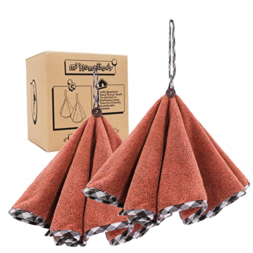 myHomeBody Handtücher für Badezimmer, Küchenhandtücher mit Aufhängeschlaufe | Weiche, saugfähige Kohlefaser-Rundhandtücher mit Kokosnussschalenknopf zum Aufhängen | Set of 2 Brick Red Towels von myHomeBody