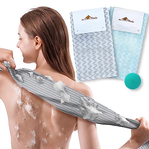 myHomeBody Extra langer Peeling-Waschlappen, Peeling-Körperpeeling, Peeling-Handtuch, Japanischer Waschlappen, 3D-Textur Silver Grey and Arctic Blue Chevron, 2er-Set mit Bonus-Gesichtsbürste von myHomeBody