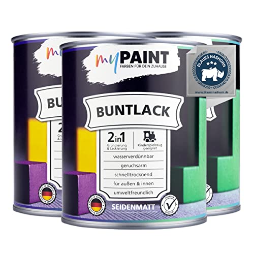 myPaint 2in1 Buntlack Seidenmatt (2,25L Lichtblau / Blau RAL 5012) – Wetterfeste Holzfarbe Holzlack Küchenmöbellack. Getrocknet auch für Kinderspielzeug. Schnelltrocknend, Für Innen Außen von myPAINT FARBEN FÜR DEIN ZUHAUSE