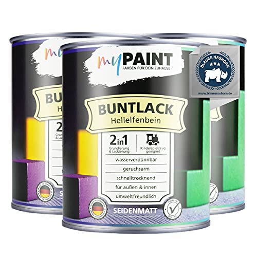 myPaint 2in1 Buntlack Seidenmatt (2,25L Hellelfenbein / Beige RAL 1015) – Wetterfeste Holzfarbe Holzlack Küchenmöbellack. Getrocknet auch für Kinderspielzeug. Schnelltrocknend, Innen Außen von myPAINT FARBEN FÜR DEIN ZUHAUSE