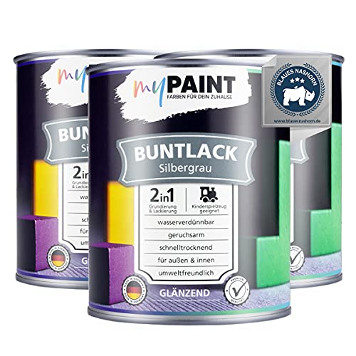 myPaint 2in1 Buntlack Glänzend (2,5L Silbergrau / Grau RAL 7001) – Wetterfeste Holzfarbe Holzlack & Küchenmöbellack. Getrocknet sicher für Kinderspielzeug. Für Innen & Außen von myPAINT FARBEN FÜR DEIN ZUHAUSE