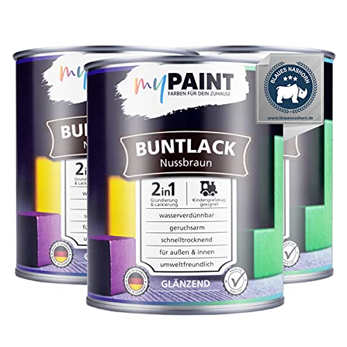 myPaint 2in1 Buntlack Glänzend (2,5L Nussbraun / Braun RAL 8011) – Wetterfeste Holzfarbe Holzlack & Küchenmöbellack. Getrocknet sicher für Kinderspielzeug. Für Innen & Außen von myPAINT FARBEN FÜR DEIN ZUHAUSE