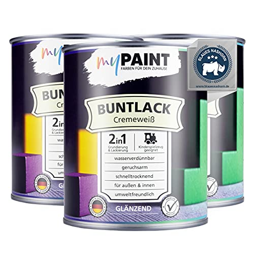 myPaint 2in1 Buntlack Glänzend (2,5L Cremeweiß / Hell Beige RAL 9001) – Wetterfeste Holzfarbe Holzlack & Küchenmöbellack. Getrocknet sicher für Kinderspielzeug. Für Innen & Außen von myPAINT FARBEN FÜR DEIN ZUHAUSE