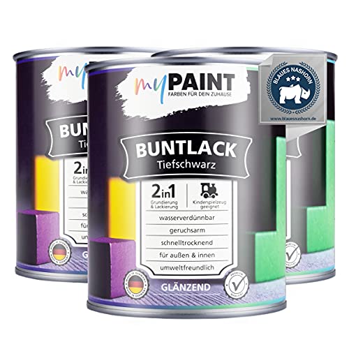 myPaint 2in1 Buntlack Glänzend (2,5L Tiefschwarz / Schwarz RAL 9005) – Wetterfeste Holzfarbe Holzlack & Küchenmöbellack. Getrocknet sicher für Kinderspielzeug. Für Innen & Außen von myPAINT FARBEN FÜR DEIN ZUHAUSE