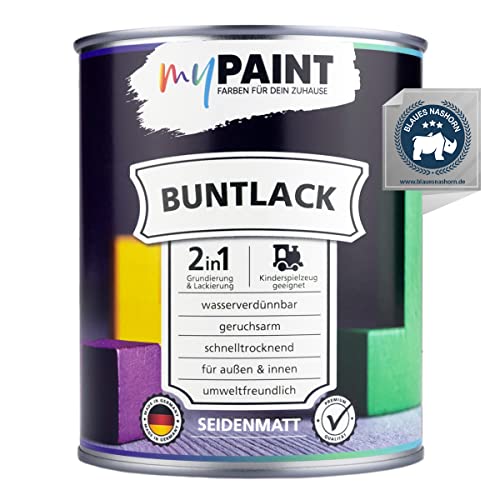 myPaint 2in1 Buntlack Seidenmatt (750ml Gold / Gold) – Wetterfeste Holzfarbe Holzlack Küchenmöbellack. Getrocknet auch für Kinderspielzeug. Schnelltrocknend, Für Innen Außen von myPAINT FARBEN FÜR DEIN ZUHAUSE