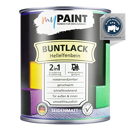 myPaint 2in1 Buntlack Seidenmatt (750ml Hellelfenbein / Beige RAL 1015) – Wetterfeste Holzfarbe Holzlack Küchenmöbellack. Getrocknet auch für Kinderspielzeug. Schnelltrocknend, Innen Außen von myPAINT FARBEN FÜR DEIN ZUHAUSE