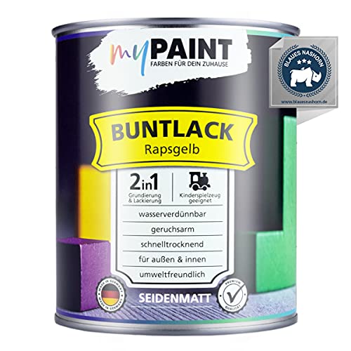 myPaint 2in1 Buntlack Seidenmatt (750ml Rapsgelb / Gelb RAL 1021) – Wetterfeste Holzfarbe Holzlack Küchenmöbellack. Getrocknet auch für Kinderspielzeug. Schnelltrocknend, Für Innen Außen von myPAINT FARBEN FÜR DEIN ZUHAUSE