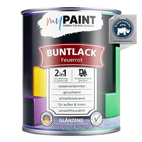 myPaint 2in1 Buntlack Glänzend (750ml Feuerrot/Rot RAL 3000) – Wetterfeste Holzfarbe Holzlack & Küchenmöbellack. Getrocknet sicher für Kinderspielzeug. Für Innen & Außen von myPAINT FARBEN FÜR DEIN ZUHAUSE