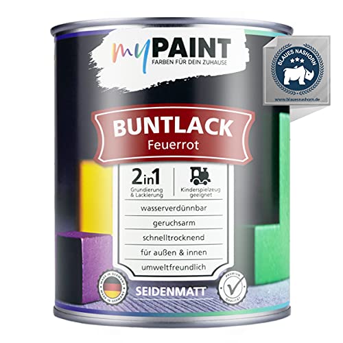 myPaint 2in1 Buntlack Seidenmatt (750ml Feuerrot / Rot RAL 3000) – Wetterfeste Holzfarbe Holzlack Küchenmöbellack. Getrocknet auch für Kinderspielzeug. Schnelltrocknend, Für Innen Außen von myPAINT FARBEN FÜR DEIN ZUHAUSE