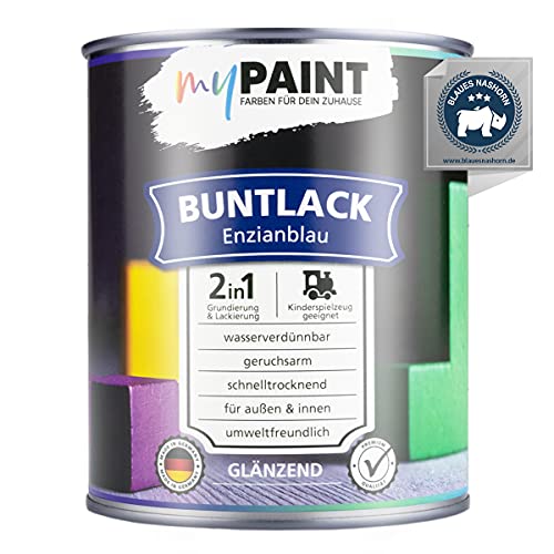 myPaint 2in1 Buntlack Glänzend (750ml Enzianblau/Blau RAL 5010) – Wetterfeste Holzfarbe Holzlack & Küchenmöbellack. Getrocknet sicher für Kinderspielzeug. Für Innen & Außen von myPAINT FARBEN FÜR DEIN ZUHAUSE