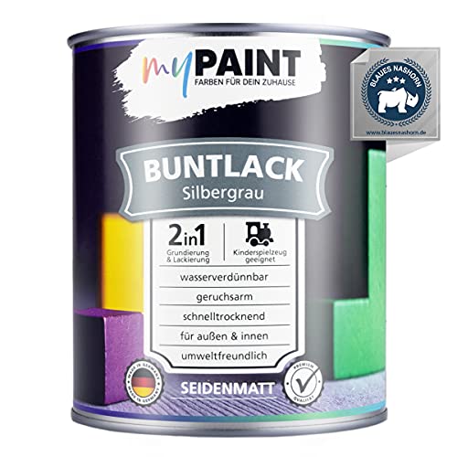 myPaint 2in1 Buntlack Seidenmatt (750ml Silbergrau / Grau RAL 7001) – Wetterfeste Holzfarbe Holzlack Küchenmöbellack. Getrocknet auch für Kinderspielzeug. Schnelltrocknend, Für Innen Außen von myPAINT FARBEN FÜR DEIN ZUHAUSE