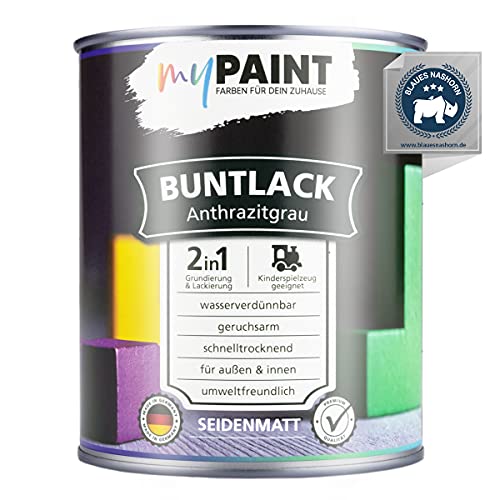 myPaint 2in1 Buntlack Seidenmatt (750ml Anthrazitgrau / Dunkel Grau RAL 7016) – Holzfarbe Holzlack Küchenmöbellack. Getrocknet auch für Kinderspielzeug. Schnelltrocknend, Für Innen Außen von myPAINT FARBEN FÜR DEIN ZUHAUSE