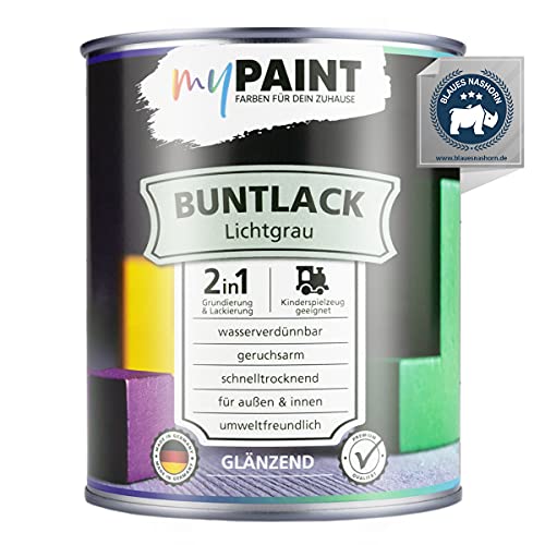 myPaint 2in1 Buntlack Glänzend (750ml Lichtgrau / Grau RAL 7035) – Wetterfeste Holzfarbe Holzlack & Küchenmöbellack. Getrocknet sicher für Kinderspielzeug. Für Innen & Außen von myPAINT FARBEN FÜR DEIN ZUHAUSE