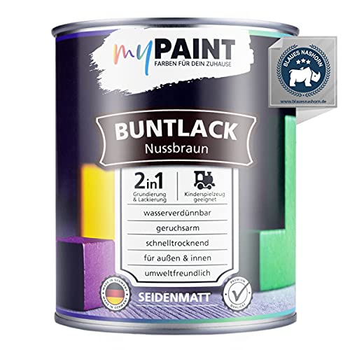 myPaint 2in1 Buntlack Seidenmatt (750ml Nussbraun / Braun RAL 8011) – Wetterfeste Holzfarbe Holzlack Küchenmöbellack. Getrocknet auch für Kinderspielzeug. Schnelltrocknend, Für Innen Außen von myPAINT FARBEN FÜR DEIN ZUHAUSE