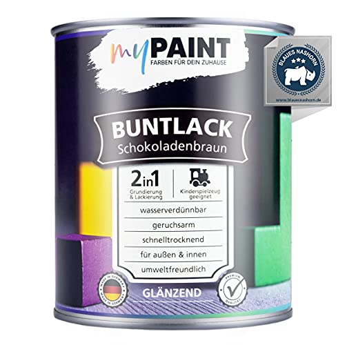 myPaint 2in1 Buntlack Glänzend (750ml Schokoladenbraun / Braun RAL 8017) – Wetterfeste Holzfarbe Holzlack & Küchenmöbellack. Getrocknet auch für Kinderspielzeug. Schnelltrocknend. von myPAINT FARBEN FÜR DEIN ZUHAUSE