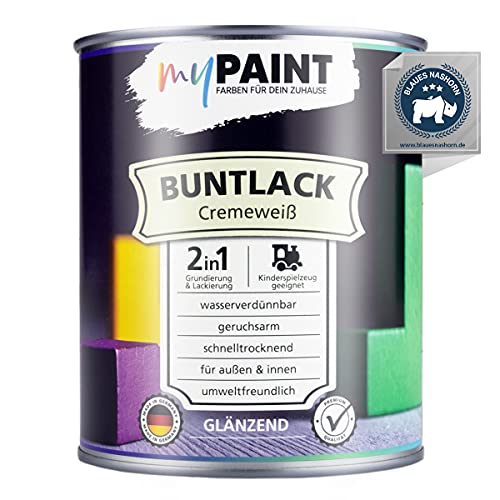 myPaint 2in1 Buntlack Glänzend (750ml Cremeweiß / Hell Beige RAL 9001) – Wetterfeste Holzfarbe Holzlack & Küchenmöbellack. Getrocknet sicher für Kinderspielzeug. Für Innen & Außen von myPAINT FARBEN FÜR DEIN ZUHAUSE