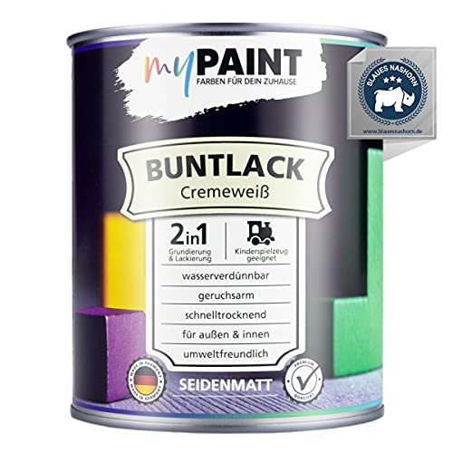 myPaint 2in1 Buntlack Seidenmatt (750ml Cremeweiß / Hell Beige RAL 9001) – Wetterfeste Holzfarbe Holzlack Küchenmöbellack. Getrocknet auch f. Kinderspielzeug. Schnelltrocknend, Innen Außen von myPAINT FARBEN FÜR DEIN ZUHAUSE