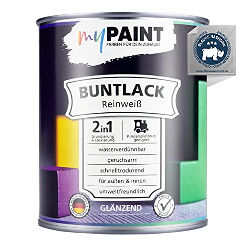 myPaint 2in1 Buntlack Glänzend (750ml Reinweiß / Weiß RAL 9010) – Wetterfeste Holzfarbe Holzlack & Küchenmöbellack. Getrocknet sicher für Kinderspielzeug. Für Innen & Außen von myPAINT FARBEN FÜR DEIN ZUHAUSE