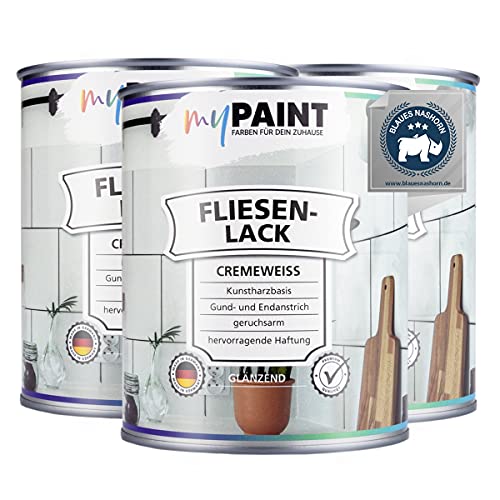 myPAINT® Fliesenlack (3x750ml, Cremeweiß) glänzender 1K Fliesenlack Weiß strapazierfähig - einfach Fliesen streichen - Made in Germany von myPAINT FARBEN FÜR DEIN ZUHAUSE