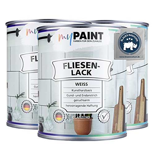 myPAINT® Fliesenlack (3x750ml, Weiß) glänzender 1K Fliesenlack Weiß strapazierfähig - einfach Fliesen streichen - Made in Germany von myPAINT FARBEN FÜR DEIN ZUHAUSE