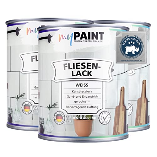 myPAINT® Fliesenlack (3x750ml, Weiß) seidenglänzender 1K Fliesenlack Weiß strapazierfähig - einfach Fliesen streichen - Made in Germany von myPAINT FARBEN FÜR DEIN ZUHAUSE