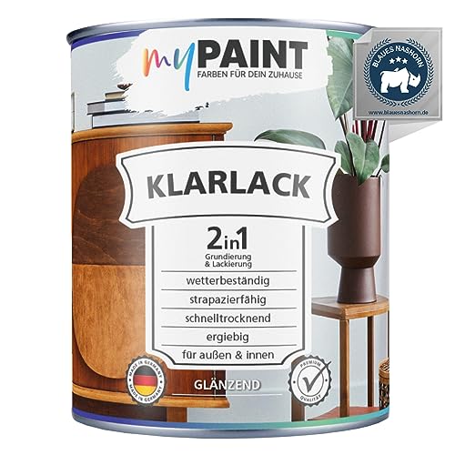 myPAINT 2 in 1 Klarlack 750ml glänzend - Hochwertiger Holzlack für innen und außen, UV- und wetterbeständig, optimaler Schutz und Veredelung für Holz. Spielzeugsicher von myPAINT FARBEN FÜR DEIN ZUHAUSE