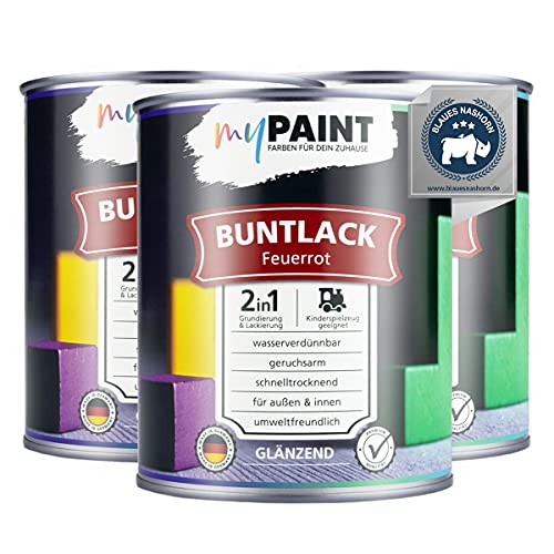 myPaint 2in1 Buntlack Glänzend (2,5L Feuerrot / Rot RAL 3000) – Wetterfeste Holzfarbe Holzlack & Küchenmöbellack. Getrocknet sicher für Kinderspielzeug. Für Innen & Außen von myPAINT FARBEN FÜR DEIN ZUHAUSE