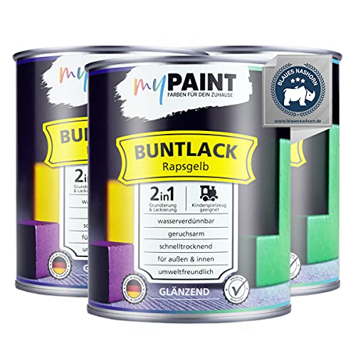 myPaint 2in1 Buntlack Glänzend (2,5L Rapsgelb / Gelb RAL 1021) – Wetterfeste Holzfarbe Holzlack & Küchenmöbellack. Getrocknet sicher für Kinderspielzeug. Für Innen & Außen von myPAINT FARBEN FÜR DEIN ZUHAUSE