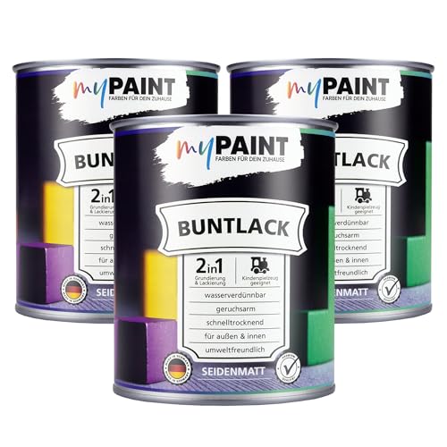 myPaint 2in1 Buntlack Seidenmatt (2,25L Cremeweiß/Hell Beige RAL 9001) – Wetterfeste Holzfarbe Holzlack Küchenmöbellack. Getrocknet auch f. Kinderspielzeug. Schnelltrocknend, Innen Außen von myPAINT FARBEN FÜR DEIN ZUHAUSE