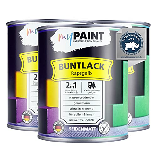 myPaint 2in1 Buntlack Seidenmatt (2,25L Rapsgelb / Gelb RAL 1021) – Wetterfeste Holzfarbe Holzlack Küchenmöbellack. Getrocknet auch für Kinderspielzeug. Schnelltrocknend, Für Innen Außen von myPAINT FARBEN FÜR DEIN ZUHAUSE