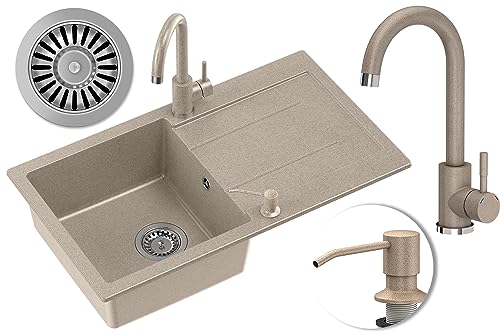 myQ Paket Paris 11 myGranit Einbeckenspüle aus Granit + Ganges Küchenarmaturen + Spender | 77x44x18,5 cm | Schrank ab 50 cm (Beige) von myQ