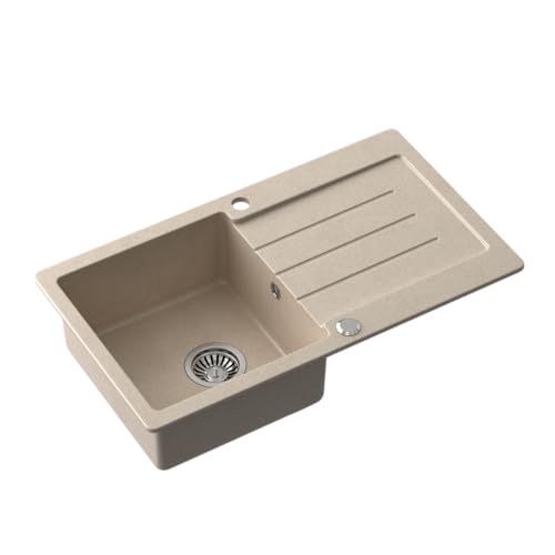 myQ Spülbecken Granitspüle | Größe: 77 x 44 x 18,5 cm, Farbe: Beige | PARIS 11 Küchenspüle Einzelbecken-Spüle mit Abtropffläche und manuellem Siphon | für Schränke ab 50 cm von myQ