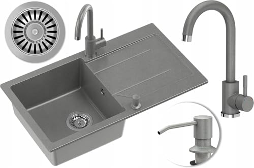 myQ Spülbecken Granitspüle | Größe: 77 x 44 x 18,5 cm, Farbe: Grau | PARIS 11 Küchenspüle Set: Einbeckenspüle aus Granit + Ganges Küchenarmaturen + Spender | für Schränke ab 50 cm von myQ
