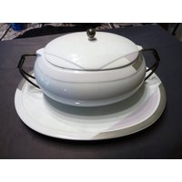 Bernardaud Limoges Frankreich Stream Line Dreieckig Platingrau Und Rosa - Große Ovale Servierplatte Fleisch & Terrine Mit Deckel von mySERENDIPITYresales