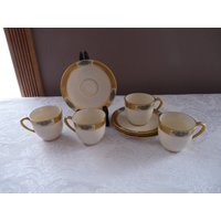 Lenox Form 1306 Set 4 Demitasse Tassen & Untertassen 24K Gold Akzent Muster M72 - Verge Band Und Blumenkorb Design von mySERENDIPITYresales