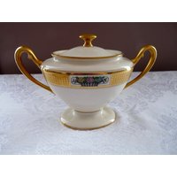 Lenox Form 743 Double Handle Zuckerdose & Deckel Mit 24K Gold Akzent Muster M72 - Verge Band Und Blumenkorb Design von mySERENDIPITYresales