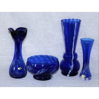 4x Glas Vasen Schale 70Er 80Er Royal Set Konvolut Hippie Elegant Vintage Glasvasen Blau Weiß von myVINTAGEsoulandpain