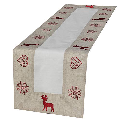 Tischläufer - Hirsch - beige und weiß rot bestickt sehr schöne festliche Stickerei für Winter Weihnacht Tischdecke, Größe:40 x 150 cm von myZirbe