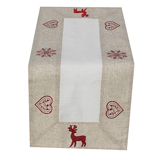 Tischläufer - Hirsch - beige und weiß rot bestickt sehr schöne festliche Stickerei für Winter Weihnacht Tischdecke, Größe:40 x 90 cm von myZirbe