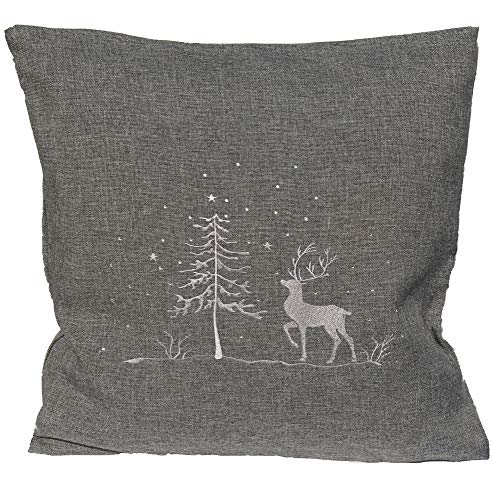 Tischläufer - Motiv Hirsch mit Baum - besetzt mit Glaskristallen anthrazit grau bestickt mit Sternen silber weiß sehr schöne festliche Stickerei für Winter Weihnacht Tischdecke, Größe:40 x 40 cm von myZirbe