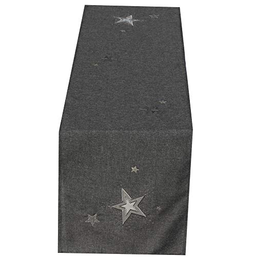 Tischläufer - STERN - anthrazit grau bestickt mit Sternen silber weiß besetzt mit Glaskristallen sehr schöne festliche Stickerei für Winter Weihnacht Tischdecke, Größe:40 x 150 cm von myZirbe