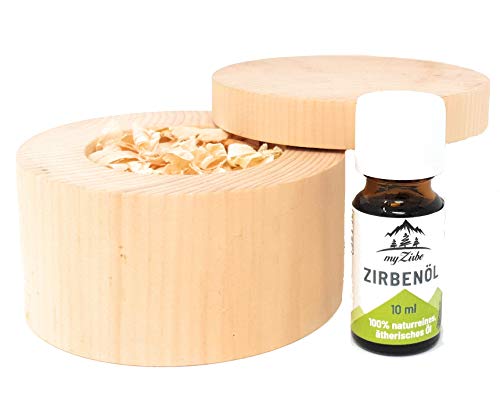 Zirben Duftset mit Zirbeholz Schale verschließbar, Zirbenspänen aus Zirbenholz und 10ml Zirbenöl von myZirbe