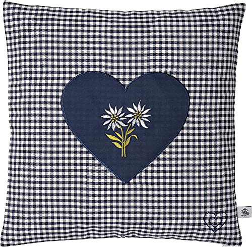Zirbenkissen Bestickt mit Herz und Edelweiss blau karriert Größe 40x40 cm befüllt mit Zirbenflocken aus Zirbenholz in extra Inlett von myZirbe