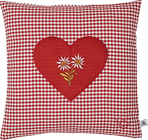Zirbenkissen Bestickt mit Herz und Edelweiss rot karriert Größe 40x40 cm befüllt mit Zirbenflocken aus Zirbenholz in extra Inlett von myZirbe
