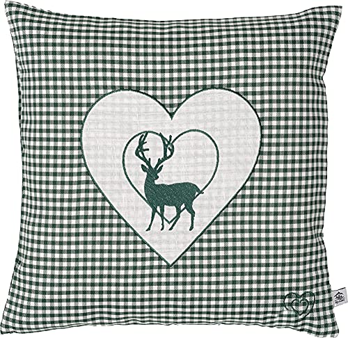 Zirbenkissen Bestickt mit Hirsch und Herz grün karriert Größe 40x40 cm befüllt mit Zirbenflocken aus Zirbenholz in extra Inlett von myZirbe