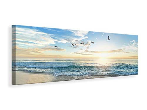Leinwandbild Panorama Die Möwen und das Meer bei Sonnenaufgang, Maße:150x50cm von myangels