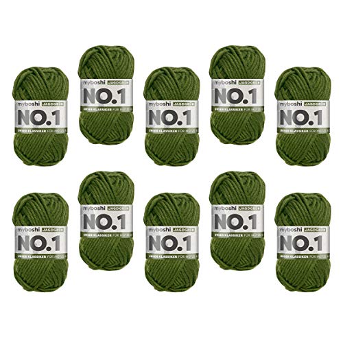 myboshi No.1 Wolle zum Häkeln und Stricken, Schnellstrickgarn, langlebige Mützenwolle, Strickwolle, Häkelwolle, mulesing-frei, 50g, Ll 55m Grün (Jagdgrün), 10 Knäuel von myboshi