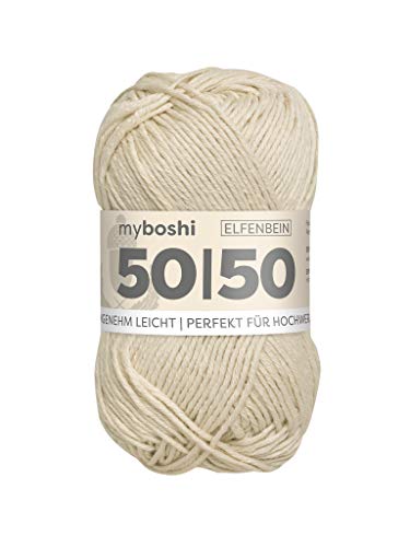 myboshi 50/50-Ganzjahres-Wolle aus Baum- und Merinowolle, für Oberbekleidung geeignet, Mulesing-frei, hochwertiges Häkel-/Strickgarn, 50g, Ll 110m Beige (Elfenbein) 1 Knäuel von myboshi
